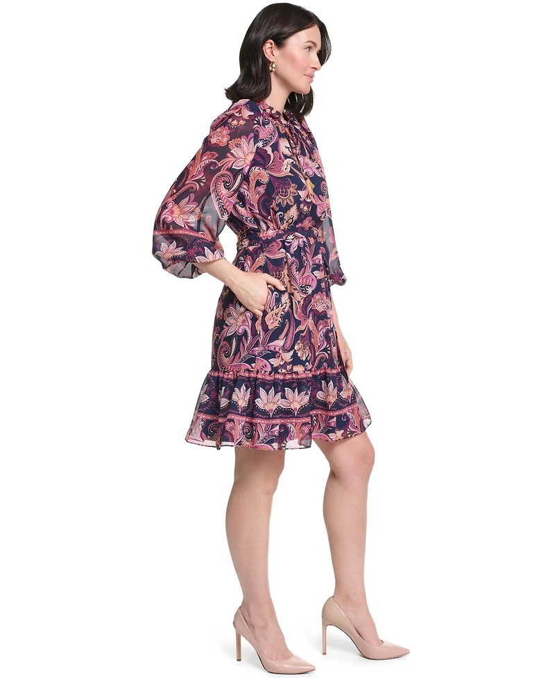 Jessica Howard Petite Ruffle Neck Puff Sleeve Fit-and-Flare Dress