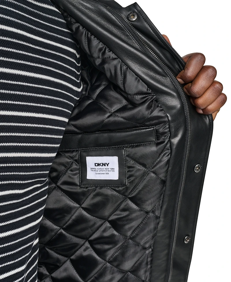 Dkny Men's Hooded Faux Leather Bomber Jacket