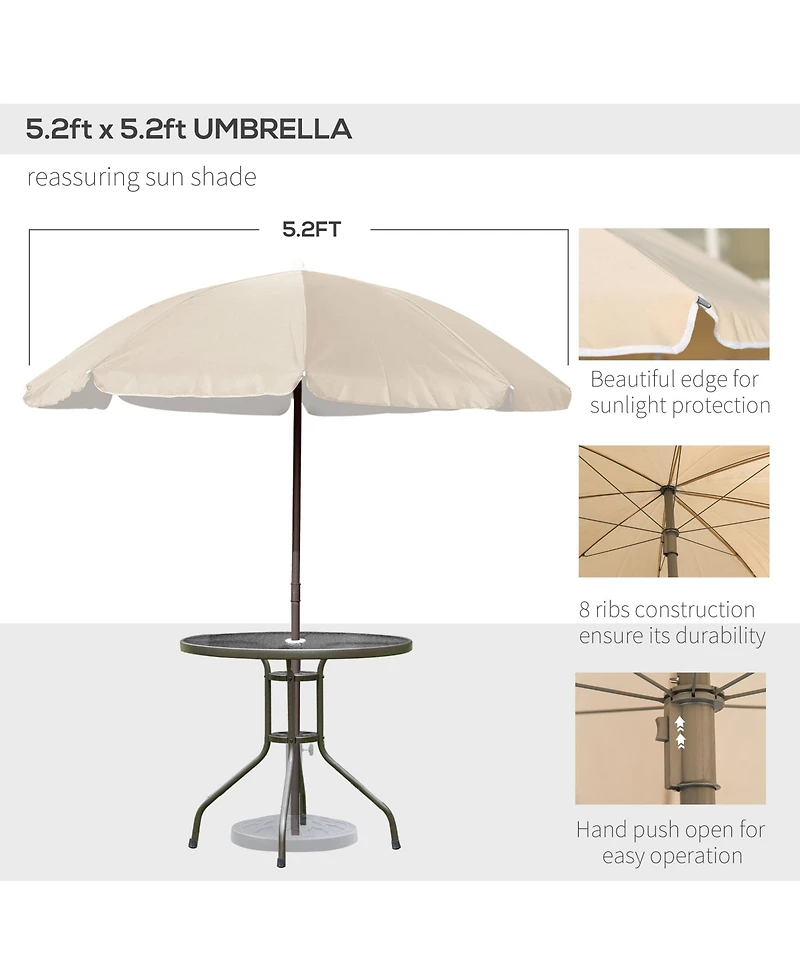 Outsunny 6 Piece Patio Dining Set for 4 with Umbrella, 4 Folding Dining Chairs & Round Glass Table for Garden, Backyard and Poolside, Beige