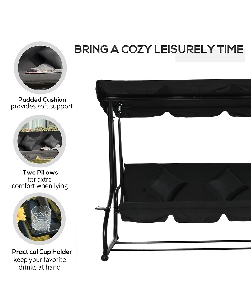 Outsunny 3 Seat Outdoor Free Standing Swing Bench Porch Swing with Stand, Comfortable Cushioned Fabric & Included Canopy