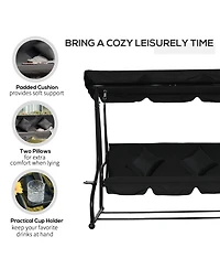 Outsunny 3 Seat Outdoor Free Standing Swing Bench Porch Swing with Stand, Comfortable Cushioned Fabric & Included Canopy