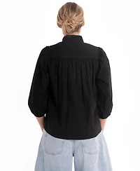 Ocean+Main Women's Cotton Tie Neck 3/4 Sleeve Top