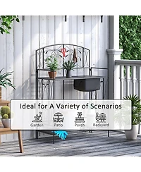 Outsunny Folding Potting Bench Table, Metal Garden Workstation, Work Bench with Large Built-in Bag with Cover, 5 Hanging Hooks & Storage Shelf, Leaf P