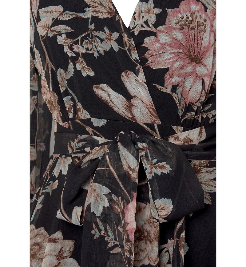 Lascana Women's Floral Print Long Sleeve Wrap Surplice-Neck Short Dress