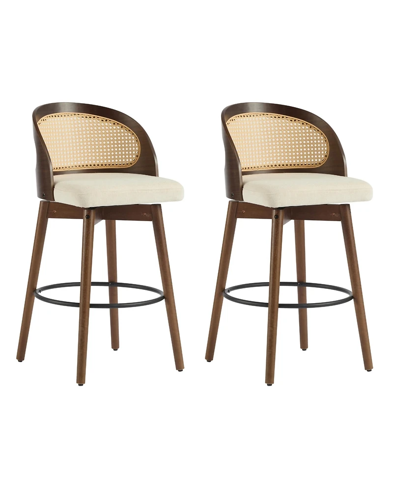 Maison Boucle Swivel Counter Height Bar Stools Set of 2, Solid Wood Rubberwood Frame, Walnut Finish, Fabric Upholstered Seat, Rattan Backrest