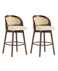Maison Boucle Swivel Counter Height Bar Stools Set of 2, Solid Wood Rubberwood Frame, Walnut Finish, Fabric Upholstered Seat, Rattan Backrest