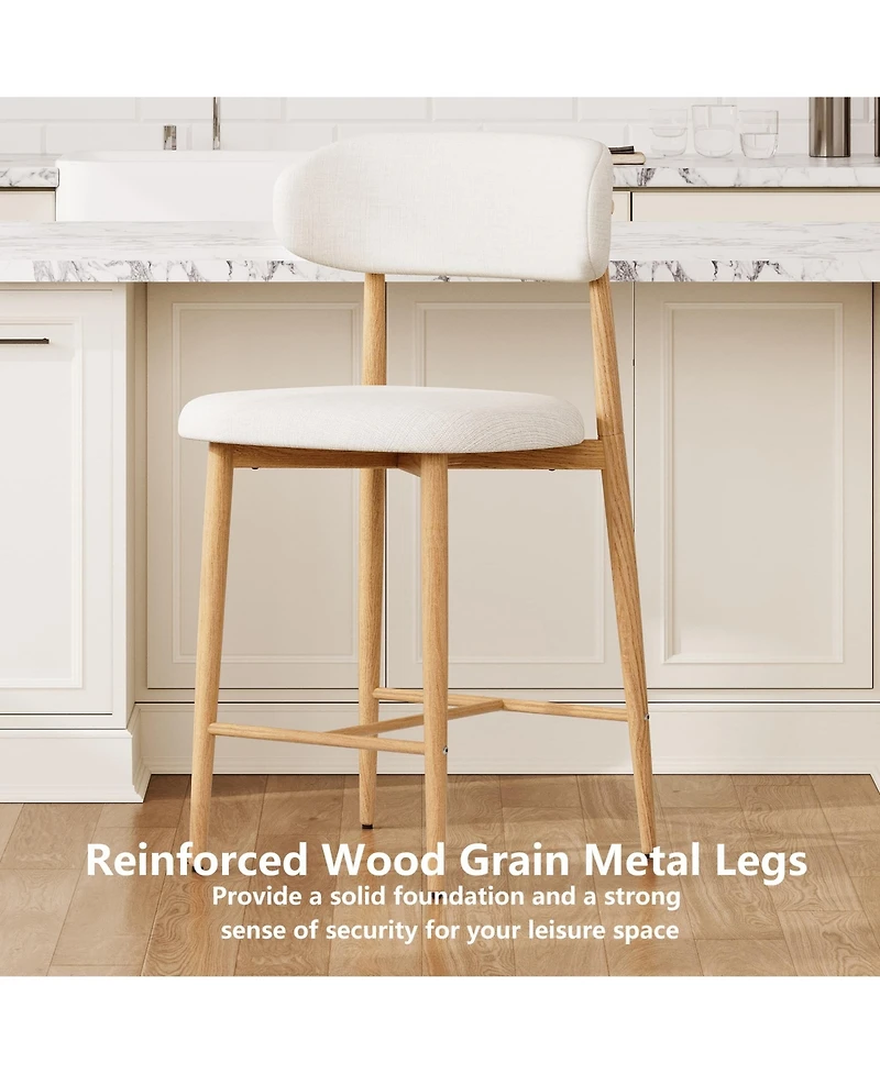 Maison Boucle Mid-Century Modern Counter Height Bar Stools Set of 4, Linen Upholstered, Natural Finish Leg Frame, Kitchen Island Seating, 26" Seat H
