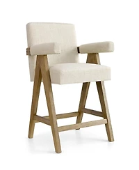 Maison Boucle Set of 4 Mid-Century Modern Counter Height Bar Stool With Arms, Solid Wood Oak Legs, Beige Upholstered Full Back, Footrest, 25.5" Seat H