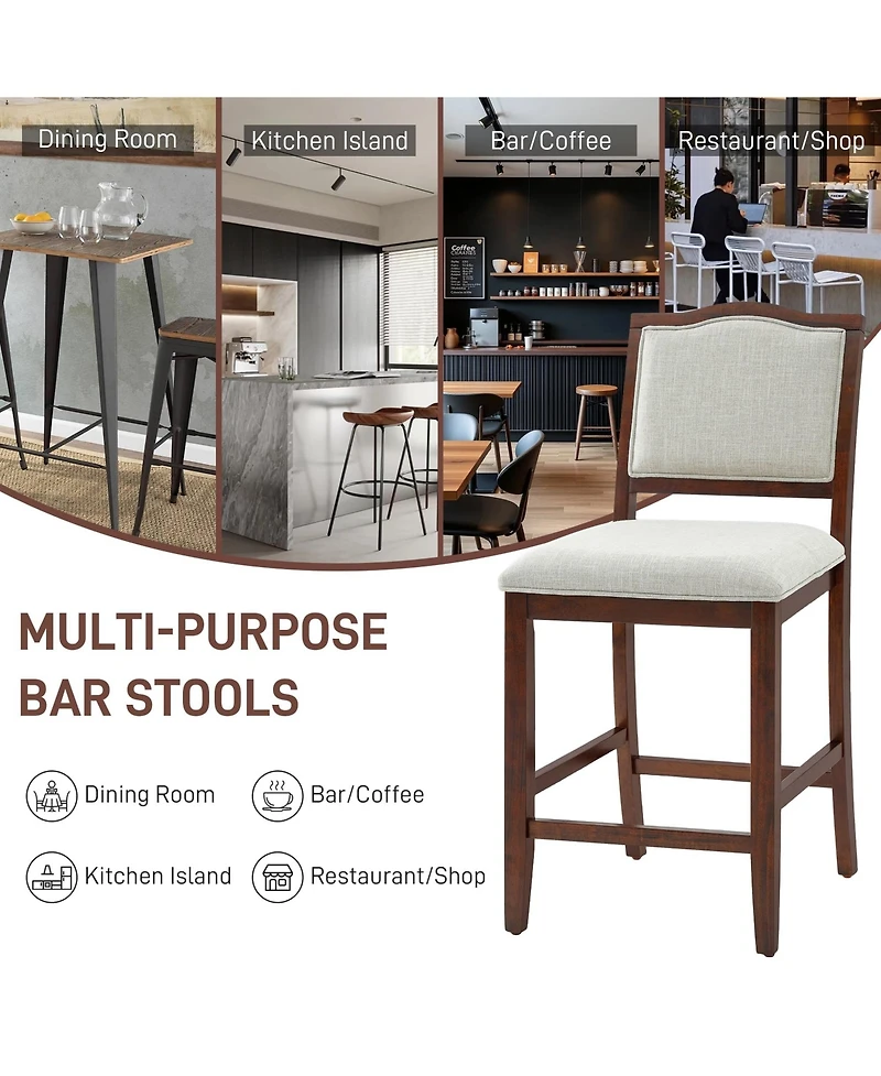 Maison Boucle Counter Height Bar Stools Set of 2, Solid Wood Frame, Upholstered Seat And Back, Curved Backrest, Kitchen Island Seating
