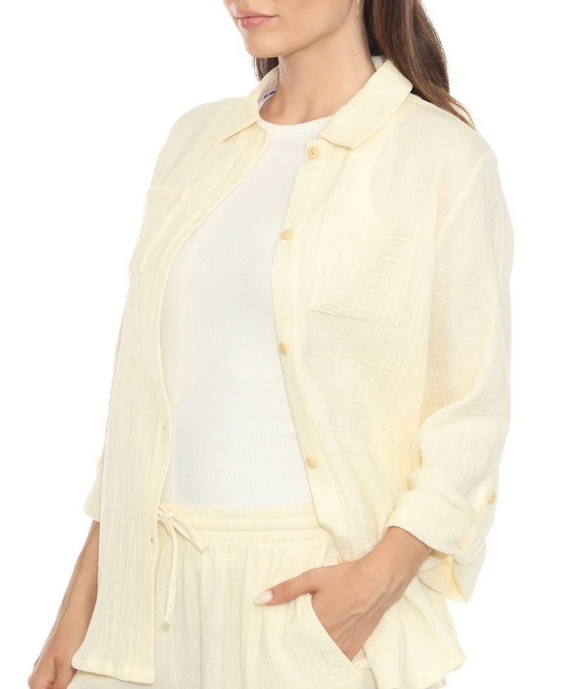 White Mark Women's Gauze Button-Front Shirt Shorts Set