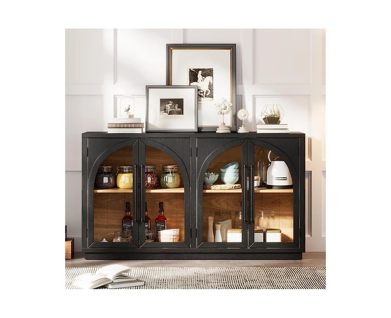 sumyeg 4-Door Large Storage Cabinet with Glass Doors, Arched Cabinet with Adjustable Shelves