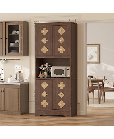 homfan Pantry Cabinet with Carved Door, 72" Tall Kitchen Hutch Storage Countertop for Microwave,Freestanding Wooden Cupboard