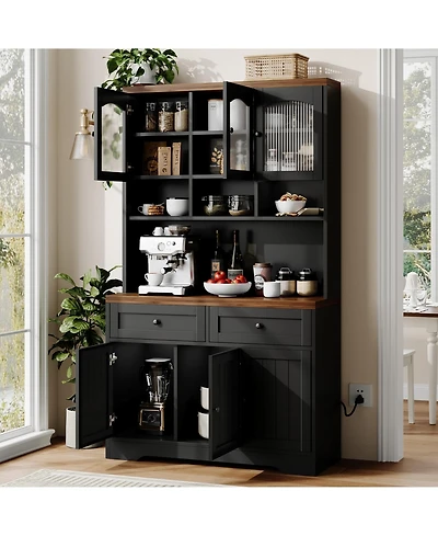 homfan 71" Tall Pantry Cabinet with Charging Station, Fluted Glass and Drawers, Farmhouse Kitchen Hutch for Living Room