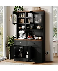 homfan 71" Tall Pantry Cabinet with Charging Station, Fluted Glass and Drawers, Farmhouse Kitchen Hutch for Living Room