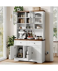 homfan 71" Tall Pantry Cabinet with Charging Station, Fluted Glass and Drawers, Farmhouse Kitchen Hutch for Living Room