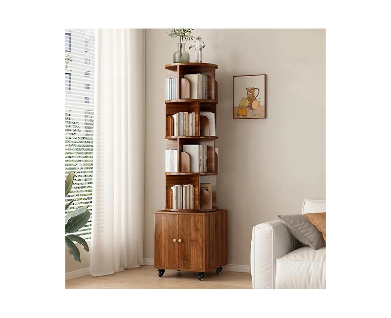 sumyeg 360 Degree Rotating Display Cabinet 5 Tier Corner Bookshelf with Drawer