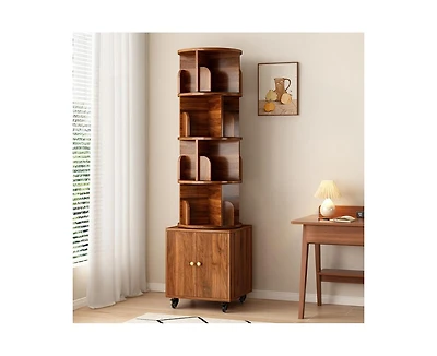 sumyeg 360 Degree Rotating Display Cabinet 5 Tier Corner Bookshelf with Drawer