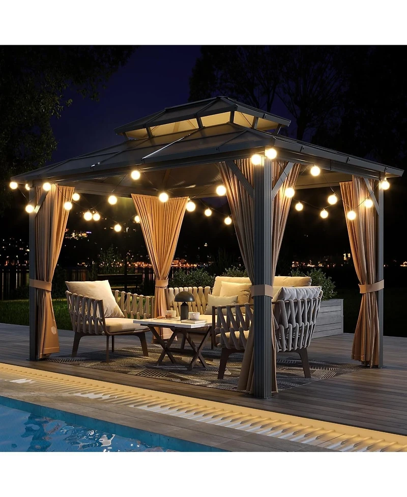 gaomon Hardtop Gazebo, Heavy Duty Aluminum Permanent Outdoor Gazebo with Double Ventilated Roof, Curtains, Netting and Ceiling Hooks