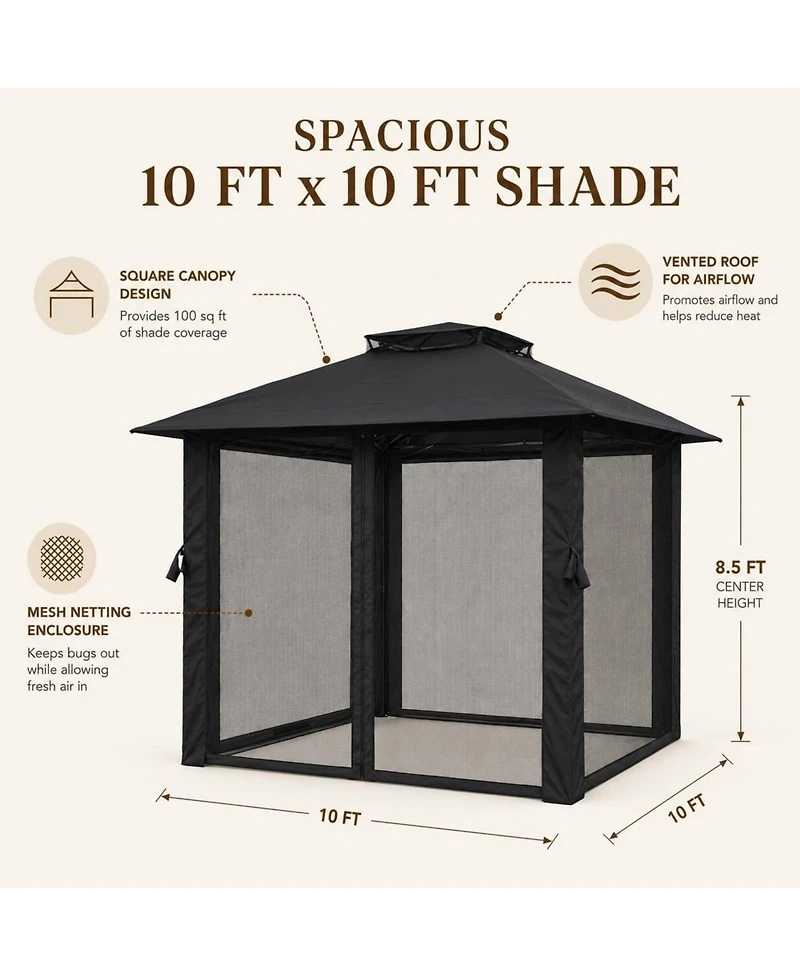 gaomon 10x10 Outdoor Gazebo with Mesh Netting – Metal Frame Patio Canopy, Eave Shelter for Garden and Patio, No Sidewalls