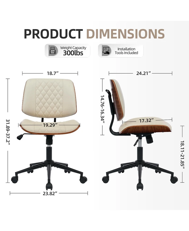 homfan Armless Swivel Office Chair with 4-Level Backrest, Adjustable Height, Pu Leather