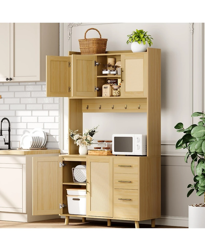 homfan 71-Inch Rattan Pantry Cabinet with Microwave Stand, 3 Drawers, Doors and Hooks, Boho Storage Hutch for Kitchen, Dining Room and Living Room