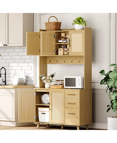 homfan 71-Inch Rattan Pantry Cabinet with Microwave Stand, 3 Drawers, Doors and Hooks, Boho Storage Hutch for Kitchen, Dining Room and Living Room