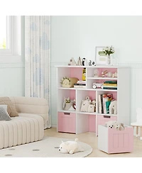 homfan Kids Storage Cabinet with 3 Drawers and 6 Cubes, Bookshelf Toy Organizer with Hidden Wheels, for Bedroom, Playroom and Nursery