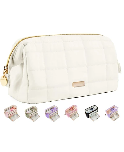 Danrong Large Pencil Case Soft Quilted Bag Wide Opening Multi Compartment School Supplies Storage Organizer Portable Durable Zipper