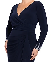 Betsy & Adam Plus Beaded-Sleeve Side-Ruffle Maxi Dress