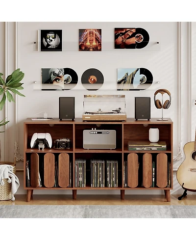 homfan 55.1" Wide Vinyl Record Player Stand with Power Outlets and Usb, Storage Cabinet for 300 Plus Records