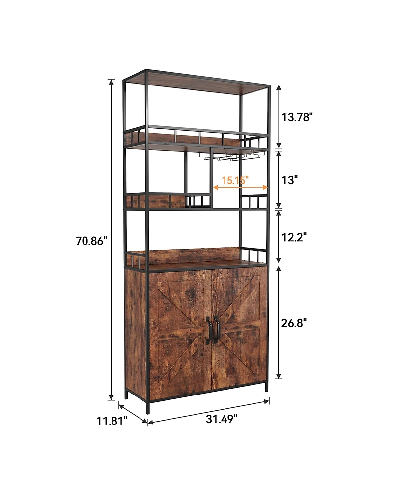 homfan 70.8" Tall Bakers Rack with Cabinet 5-Tier Freestanding Wine and Coffee Bar Cabinet, Wooden Doors, Open Storage Shelves, Metal Spice Rack