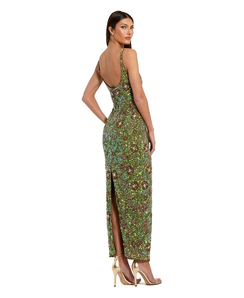 Mac Duggal Petite Sleeveless Hand Beaded Floral Midi Dress