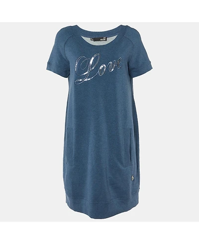 Pre-Owned Love Moschino Women's Cotton Knit Sequin Logo Embroidered Sweater Mini Dress