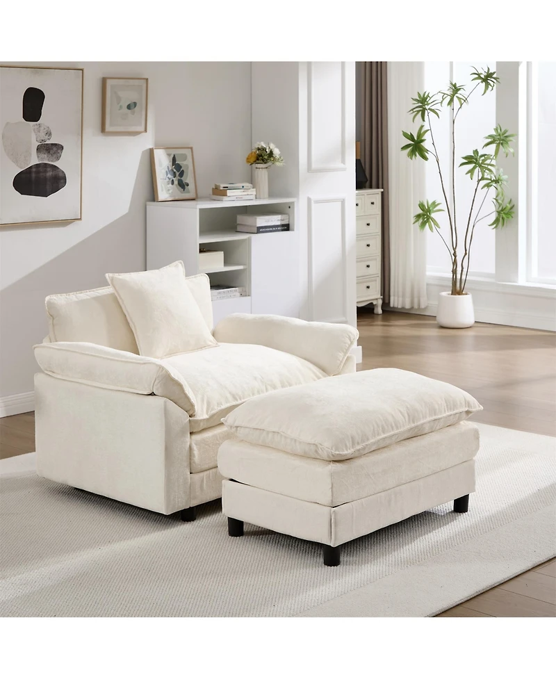 Clihome 44.5 Inch Modern Chenille Accent Chair with Ottoman, Single Upholstered Reading Armchair