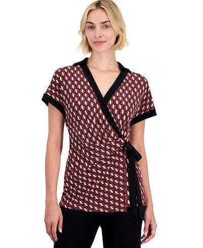 Anne Klein Petite Tie Faux-Wrap Collared Surplice Top