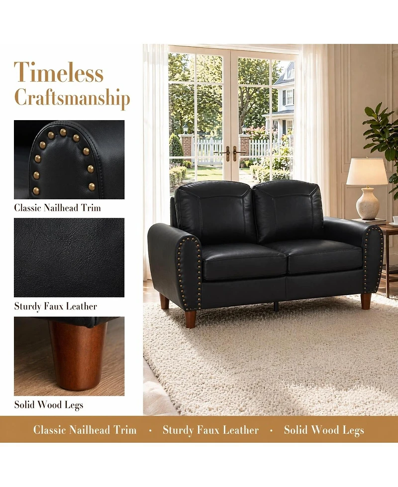 Streamdale Furniture 59" Classic Faux Leather Loveseat with Rolled Arms and Solid Wood Legs