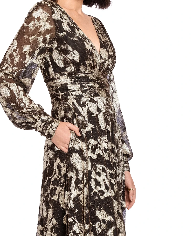 Betsy & Adam Women's Metallic V-Neck Ruched-Waist Gown