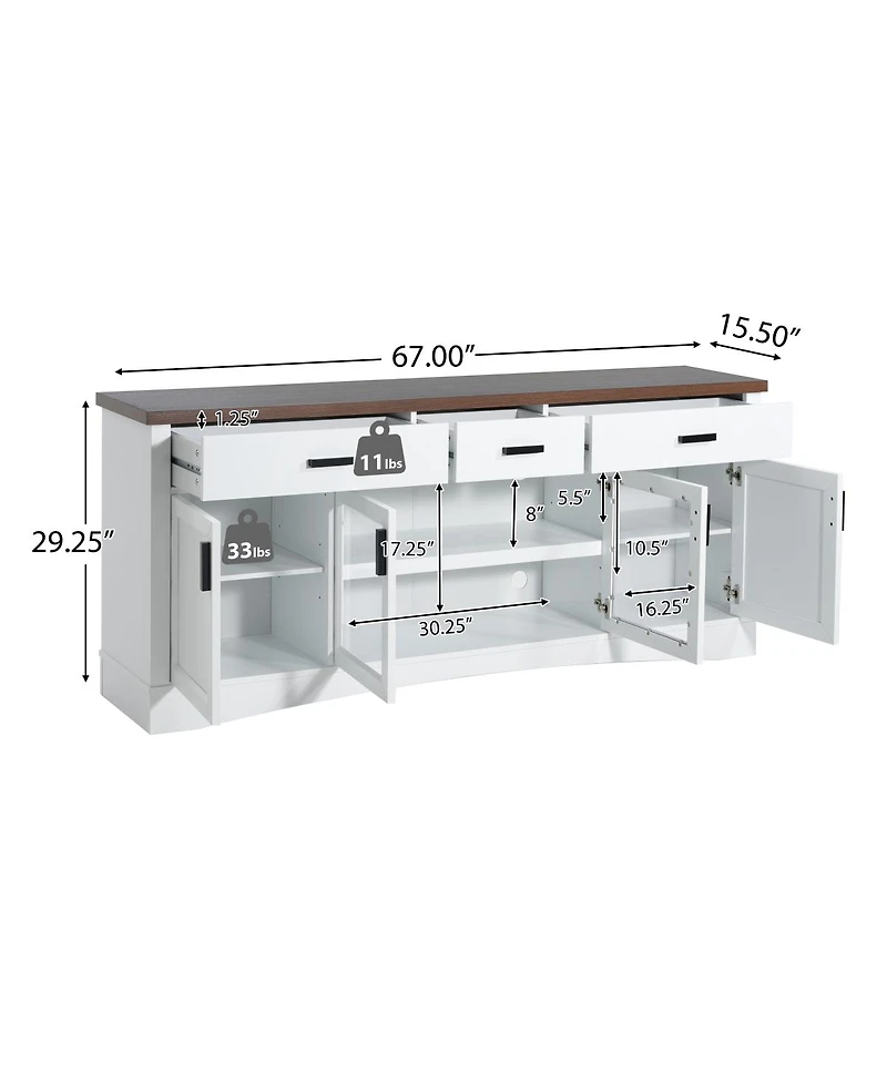 Streamdale Furniture Modern 67" White Tv Console with Glass Doors, Storage Drawers and Adjustable Shelves