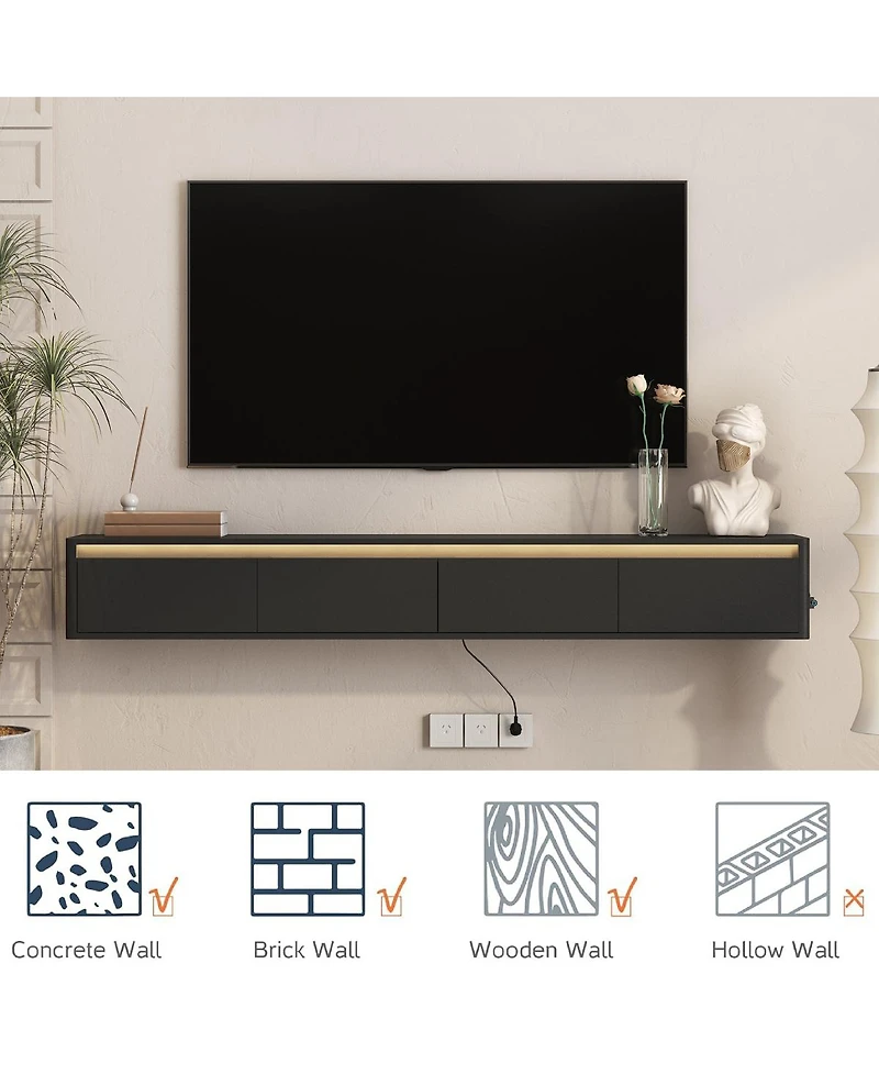Streamdale Furniture Floating Wall-Mounted Tv Stand with Led Lights and Power Outlet3
