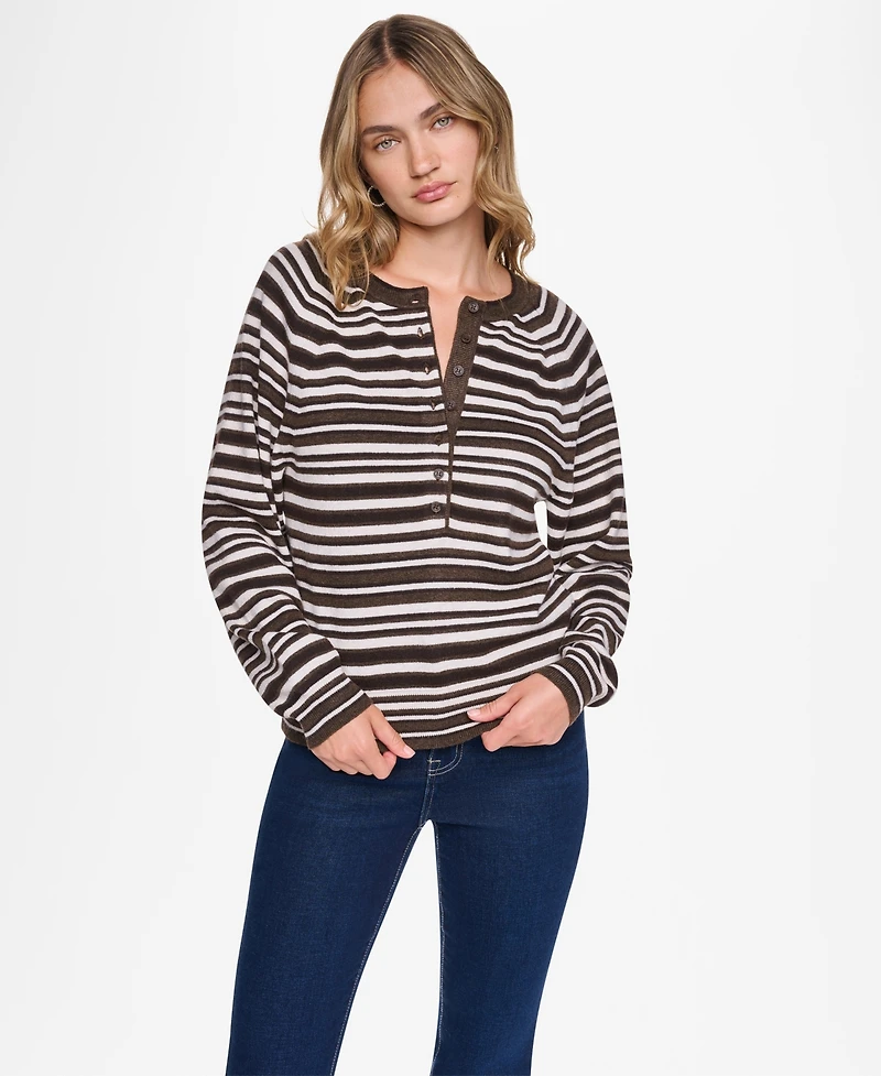 Dkny Jeans Women's Striped Long-Sleeve Henley Sweater