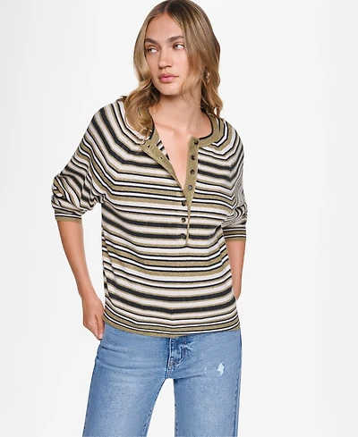 Dkny Jeans Women's Striped Long-Sleeve Henley Sweater