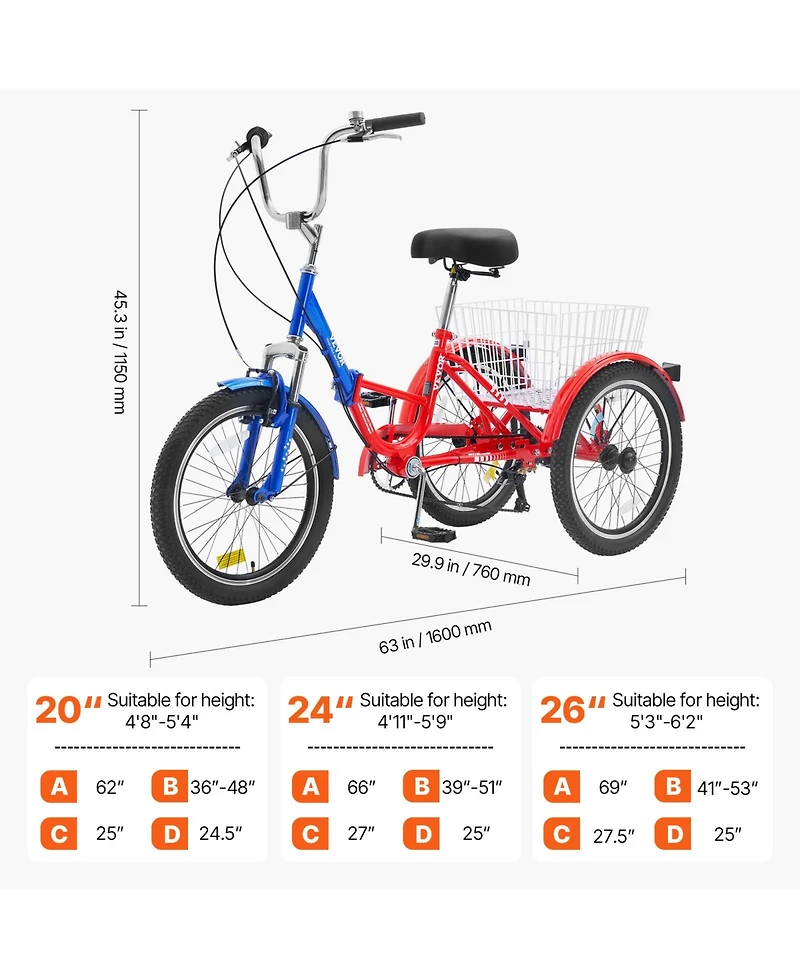 Vevor Folding Adult Tricycle 7-Speed Adult 3 Wheel Trikes Carbon Steel