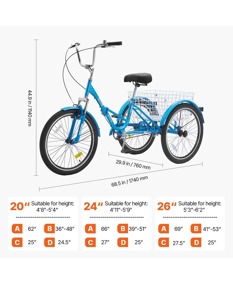 Vevor Folding Adult Tricycle 24" Adult 3-Wheel Folding Trikes Carbon Steel Blue