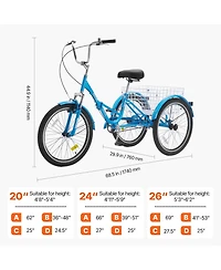 Vevor Folding Adult Tricycle 24" Adult 3-Wheel Folding Trikes Carbon Steel Blue