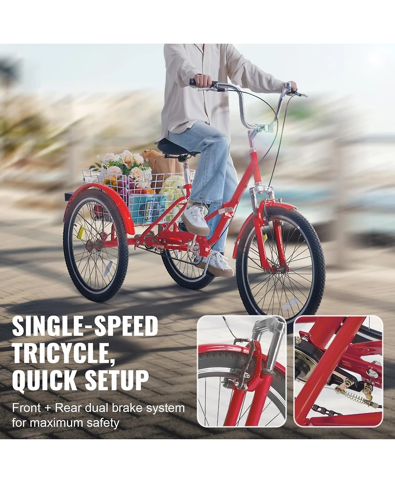 Vevor Folding Adult Tricycle 24" Adult 3-Wheel Folding Trikes Carbon Steel
