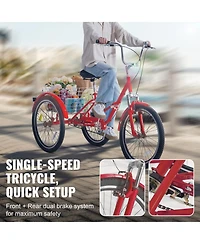 Vevor Folding Adult Tricycle 24" Adult 3-Wheel Folding Trikes Carbon Steel