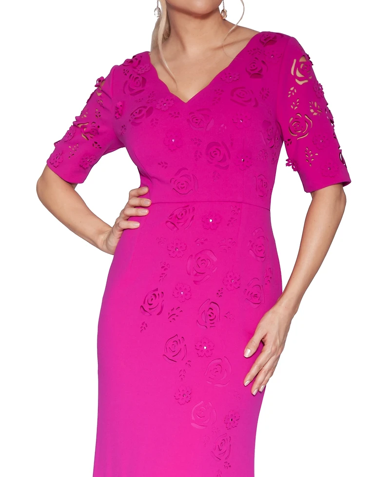 White Tie by Shani Short-Sleeve V-Neck Laser Cut Gown