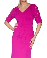 White Tie by Shani Short-Sleeve V-Neck Laser Cut Gown