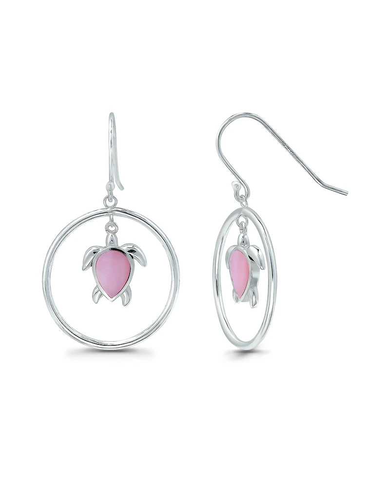 Macy's Pink Shell Inlay Fine Silver-Plated Turtle in Open Circle Fishhook Drop Earrings