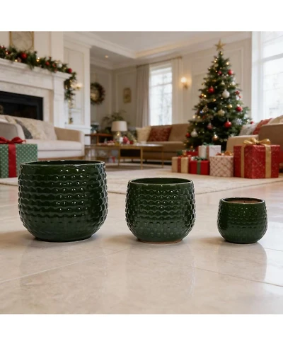 Clihome Handmade Glazed Ceramic Planter Set of 3, Diamond Pattern,for Outdoor Garden & Indoor StaircaseUse,Terracotta